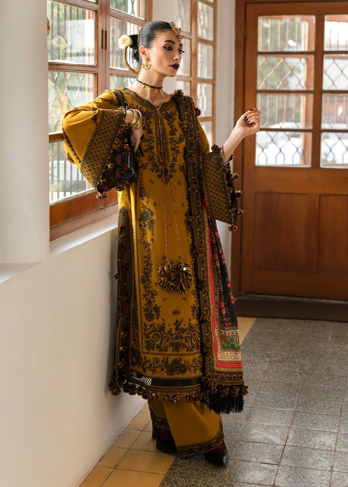 Hussain Rehar -3PC DHANAK EMBROIDERED SHIRT WITH COURTRAI WOOL PRINT SHAWL - Vl1274