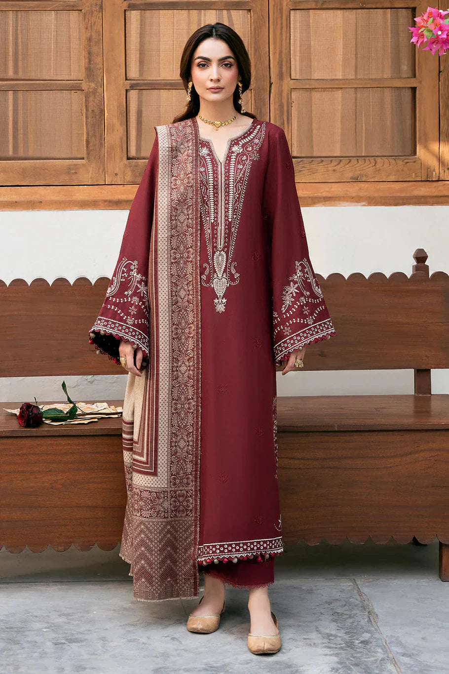 IZEL-3PC DHANAK EMBROIDERED SHIRT WITH COURTRAI PRINT SHAWL - VL1273