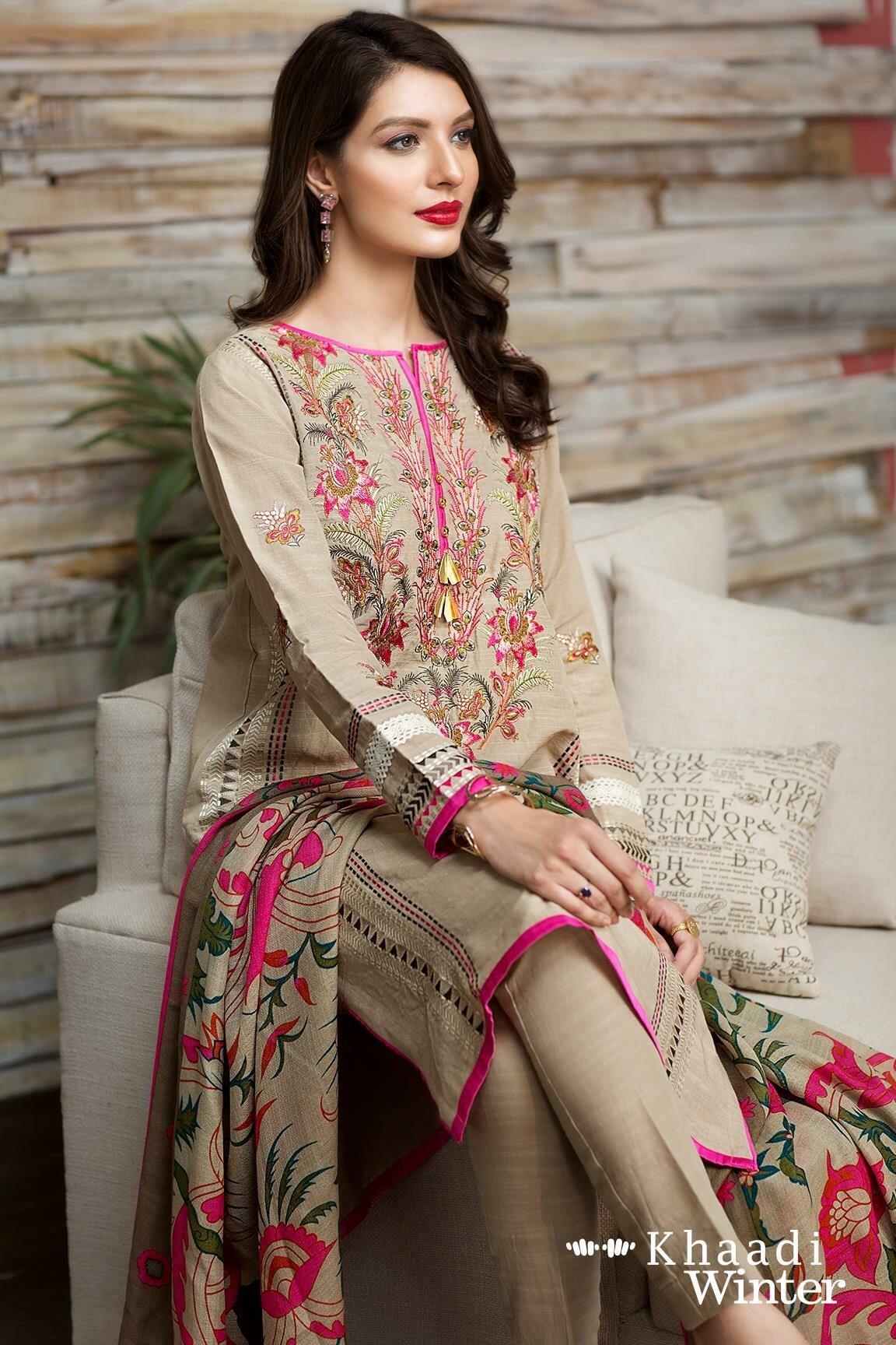 VL2019 Khaadi Pink-Embroided 3PC Dhank Dress with wool shawl
