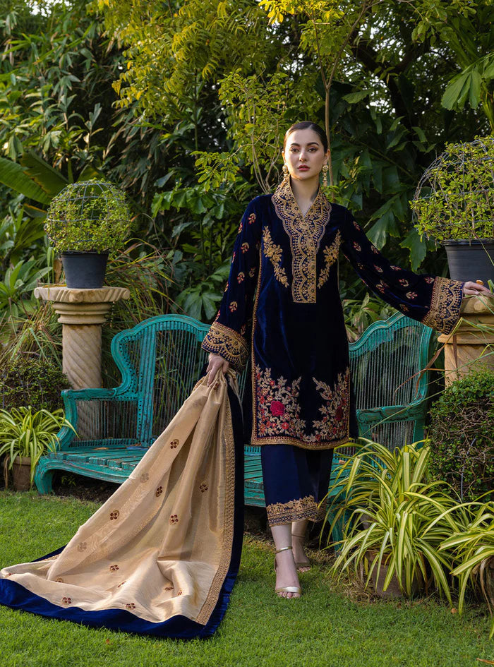 3-Piece Unstitched Heavy Embroidered Velvet Suit - VL980