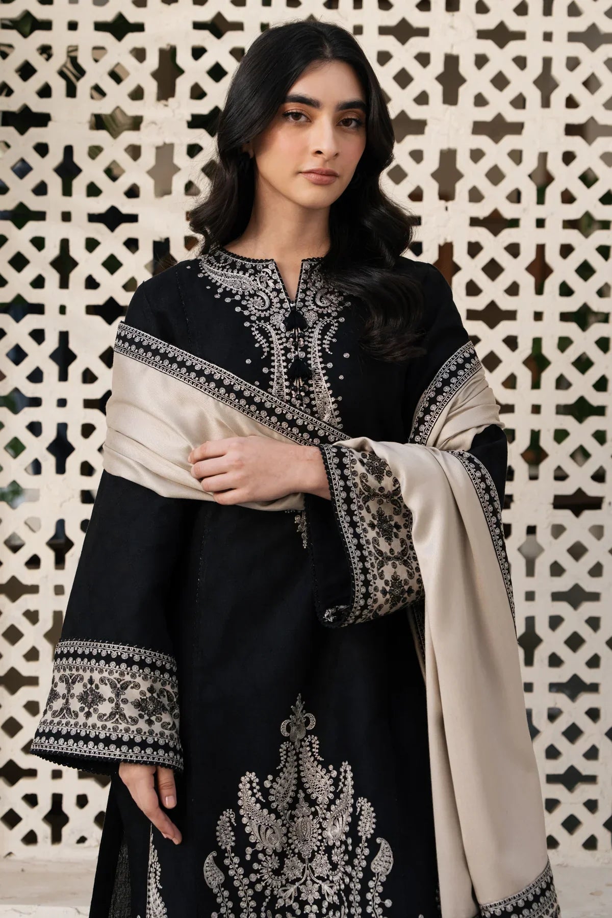 JAZMIN - 3PC DHANAK EMBROIDERED SHIRT WITH DHANAK EMBROIDERED SHAWL AND TROUSER - VL1202