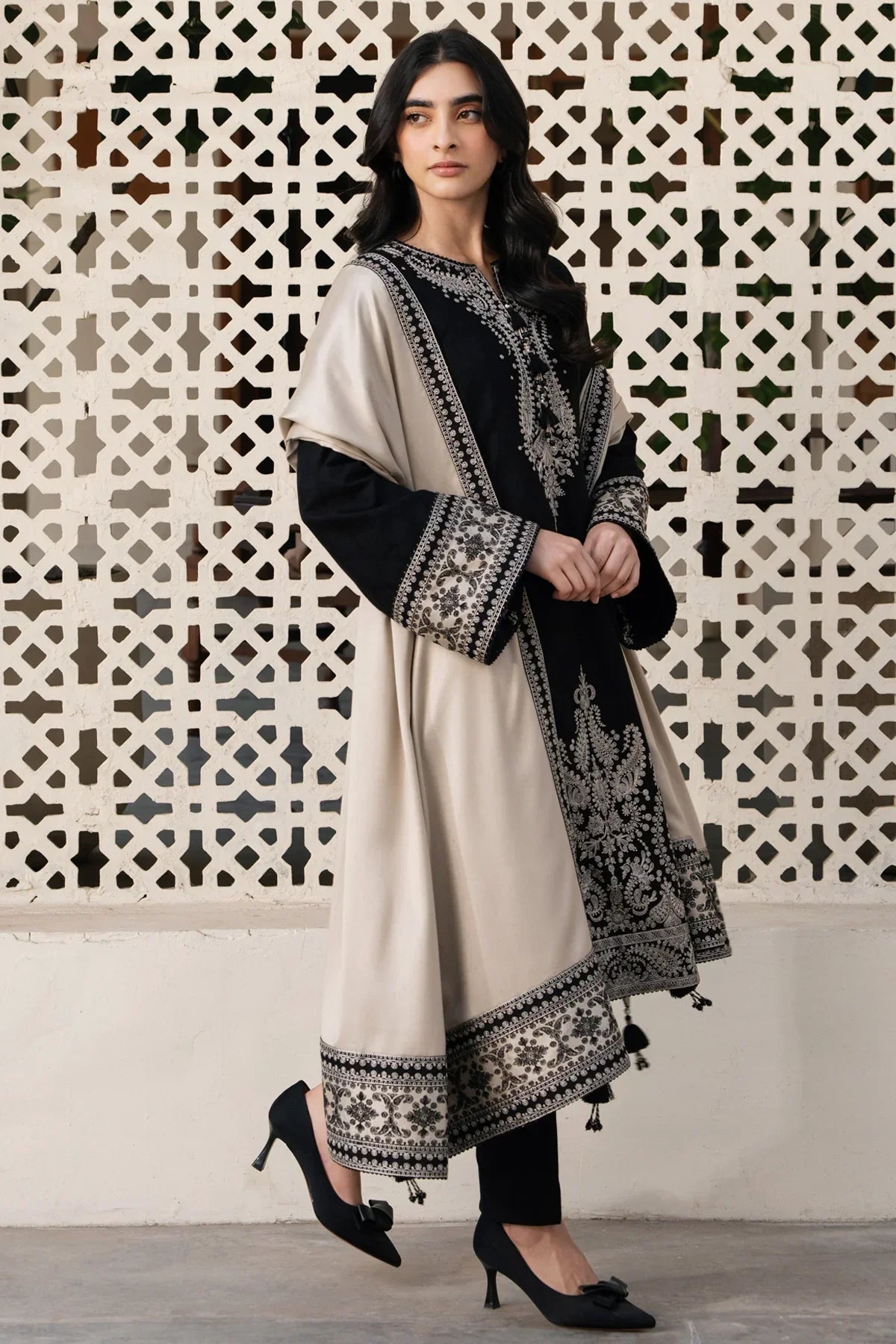 JAZMIN - 3PC DHANAK EMBROIDERED SHIRT WITH DHANAK EMBROIDERED SHAWL AND TROUSER - VL1202