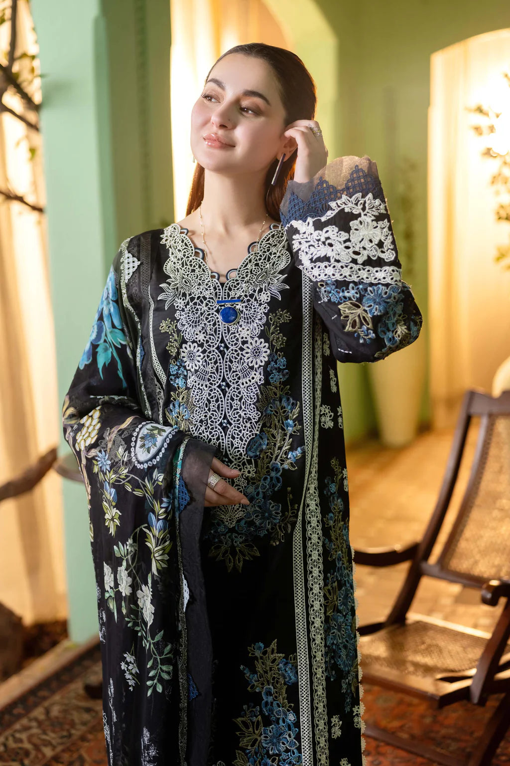 JADE-3PC DHANAK EMBROIDERED SHIRT WITH COUTRAI PRINT SHAWL - VL1250