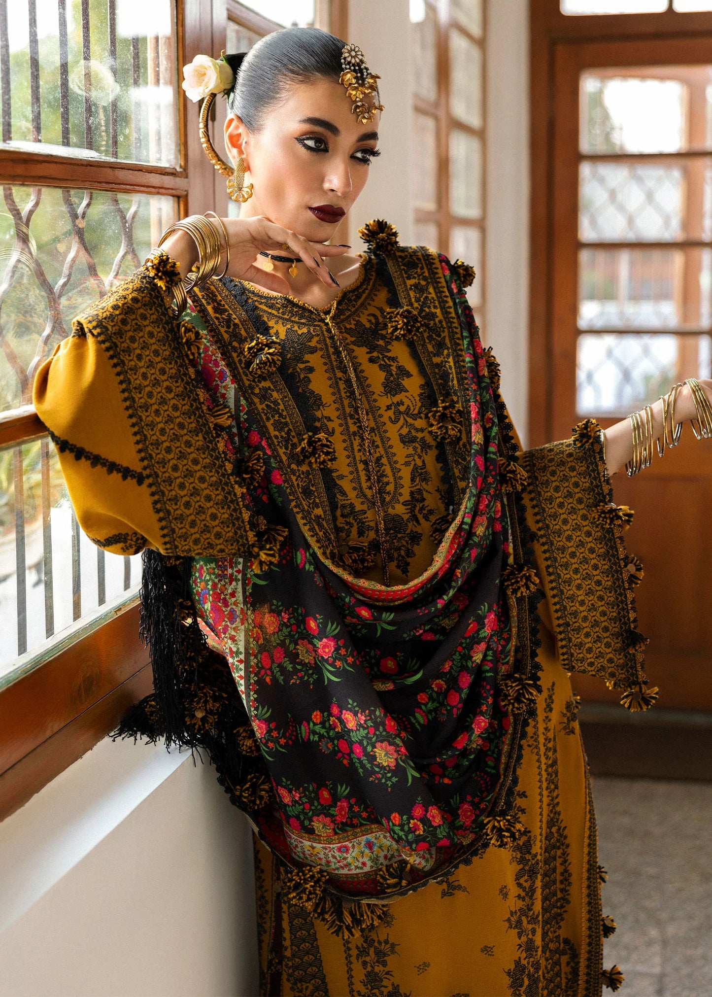 Hussain Rehar -3PC DHANAK EMBROIDERED SHIRT WITH COURTRAI WOOL PRINT SHAWL - Vl1274