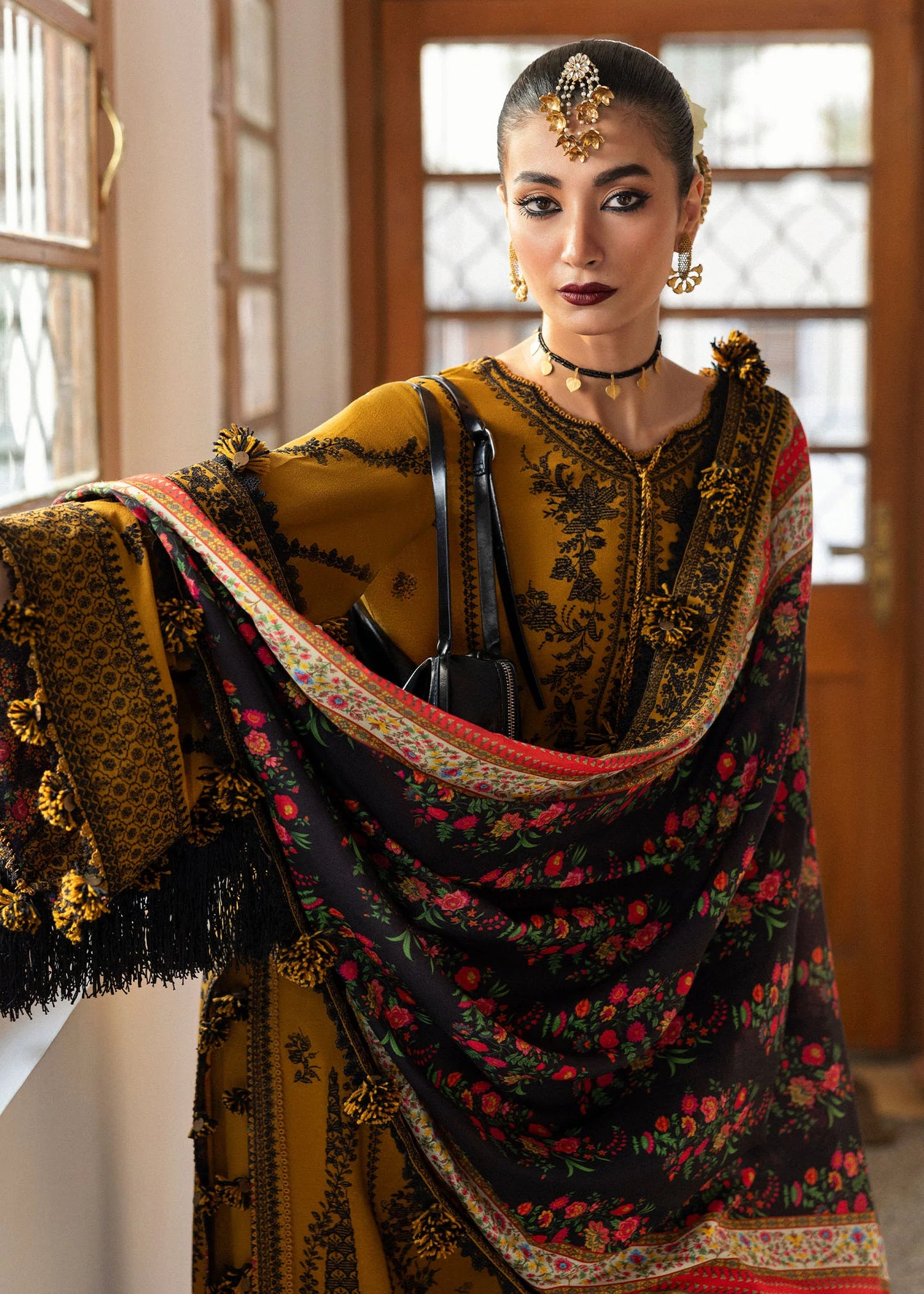 Hussain Rehar -3PC DHANAK EMBROIDERED SHIRT WITH COURTRAI WOOL PRINT SHAWL - Vl1274