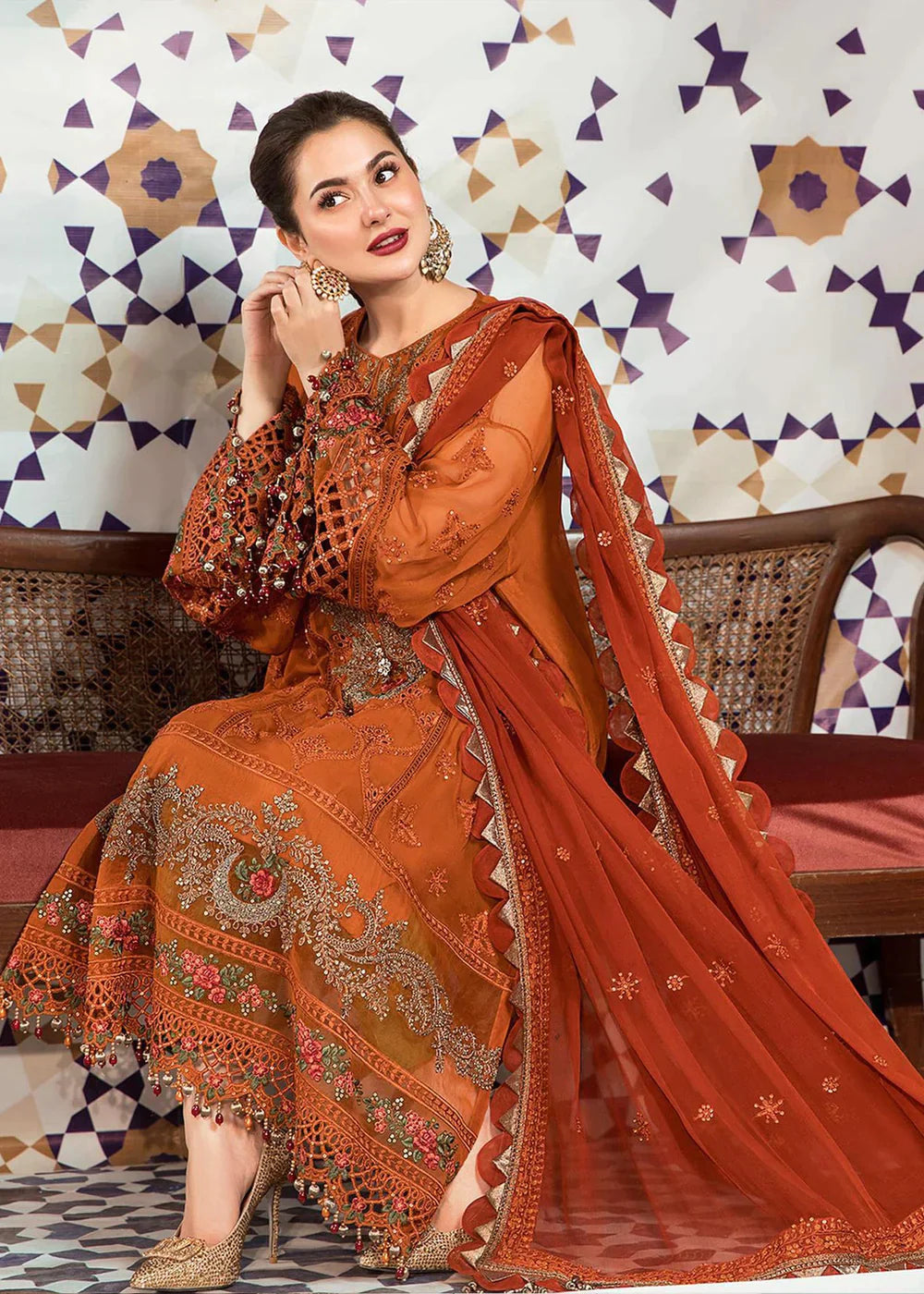 Maria .B 3PC Lawn full embroidered front piece for shirt sleeves embroidered With Bamber chiffon embroidered dupatta. VL543