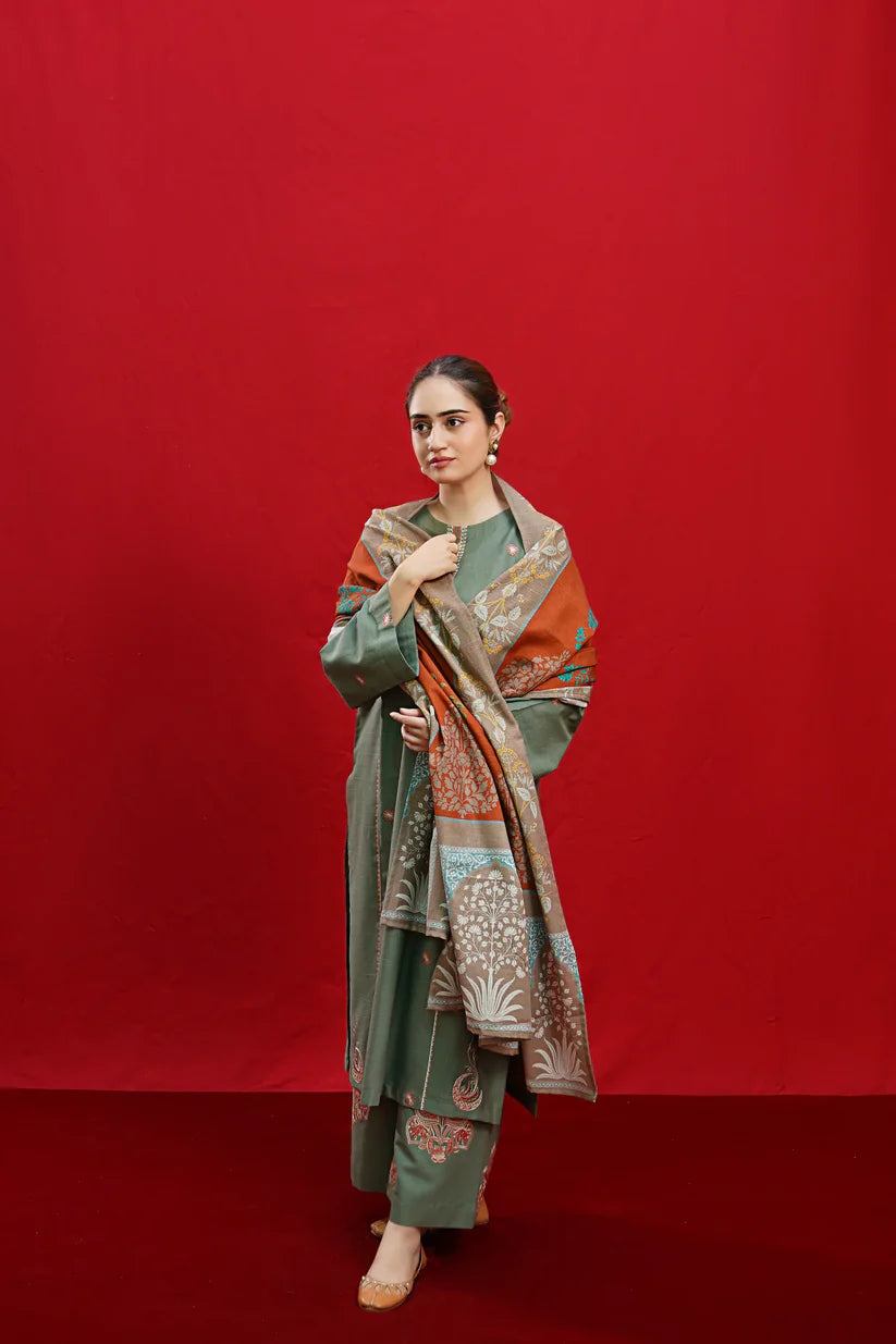 VL870 - 3PC DHANAK EMBROIDERED SHIRT WITH PASHMINA PRINT SHAWL