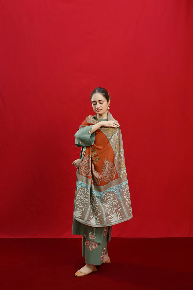 VL870 - 3PC DHANAK EMBROIDERED SHIRT WITH PASHMINA PRINT SHAWL