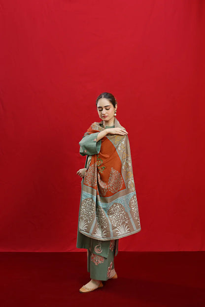 VL870 - 3PC DHANAK EMBROIDERED SHIRT WITH PASHMINA PRINT SHAWL