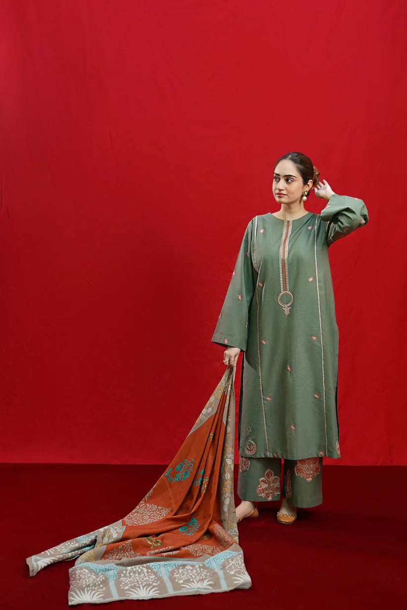 VL870 - 3PC DHANAK EMBROIDERED SHIRT WITH PASHMINA PRINT SHAWL