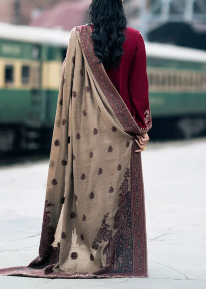 Embroidered 3pc Dhanak dress with Print shawl - VL1142