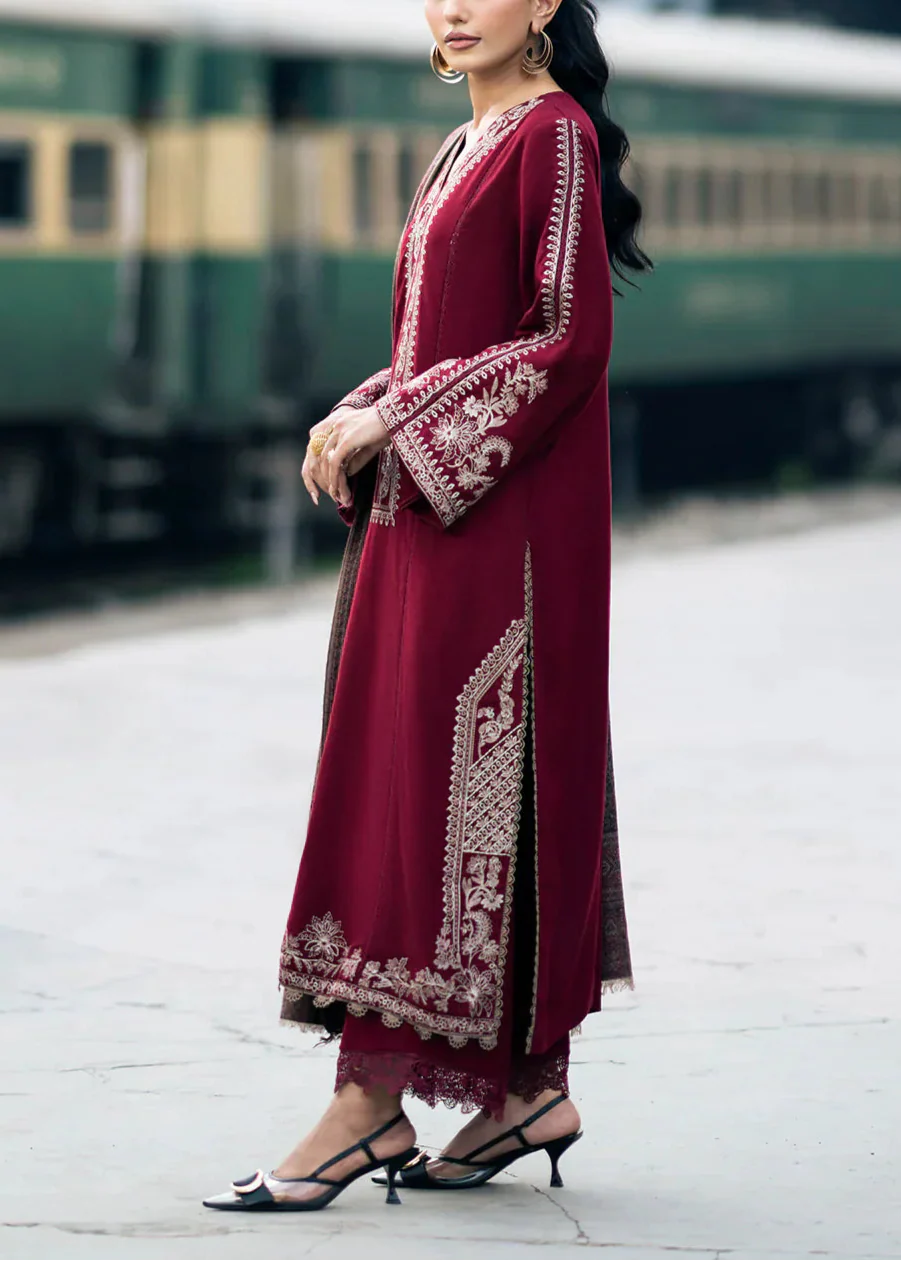 Embroidered 3pc Dhanak dress with Print shawl - VL1142