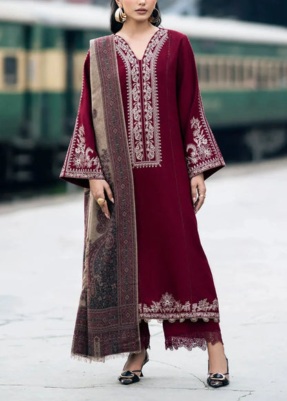 Embroidered 3pc Dhanak dress with Print shawl - VL1142