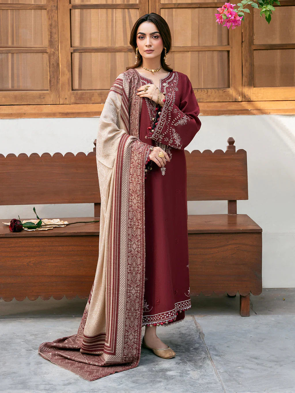 IZEL-3PC DHANAK EMBROIDERED SHIRT WITH COURTRAI PRINT SHAWL - VL1273