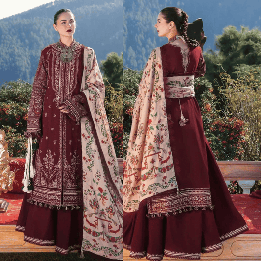 Hussain Rehar - 3PC Dhanak Chickenkari Embroidered Suit - VL1123