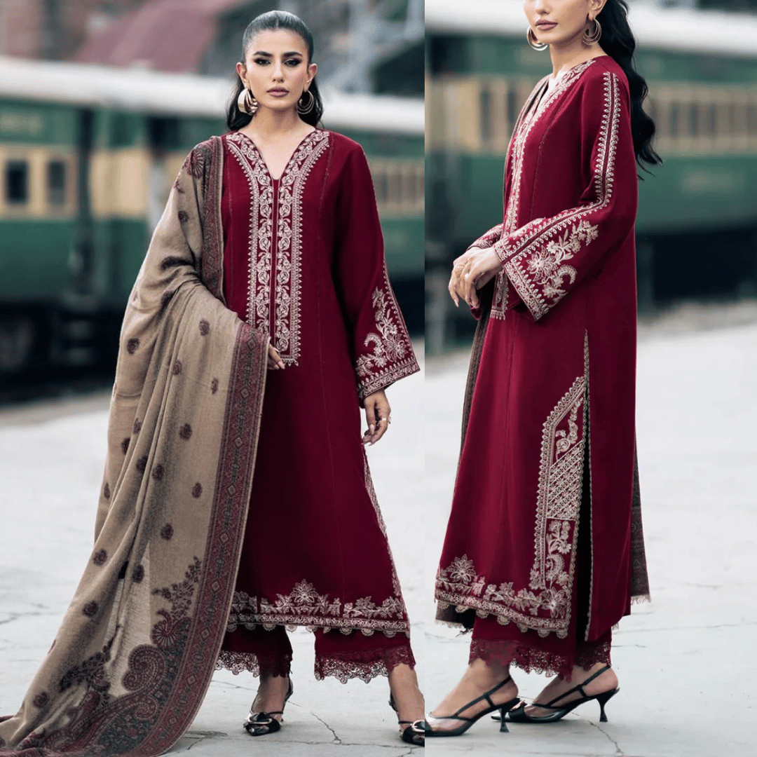 Embroidered 3pc Dhanak dress with Print shawl - VL1142