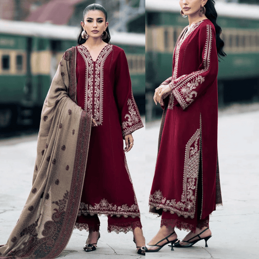 Embroidered 3pc Dhanak dress with Print shawl - VL1142