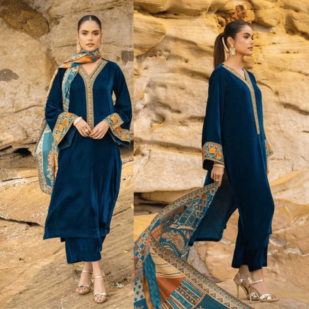 Zainab Chottani - Velvet Dress with Print Karandi shawl - VL950