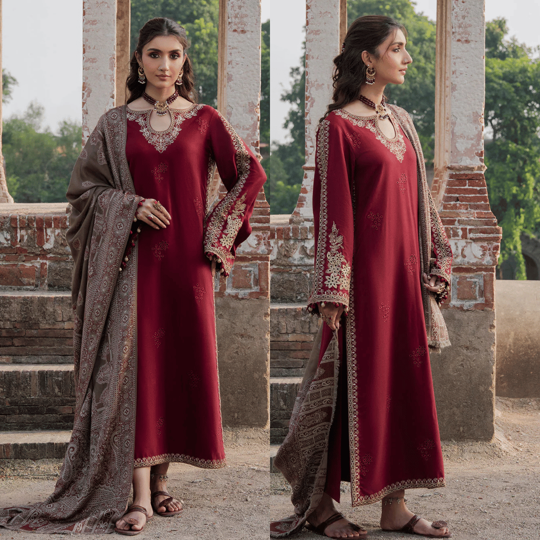 IZEL- DHANAK EMBROIDERED SHIRT WITH WOOL PRINT SHAWL - VL1231