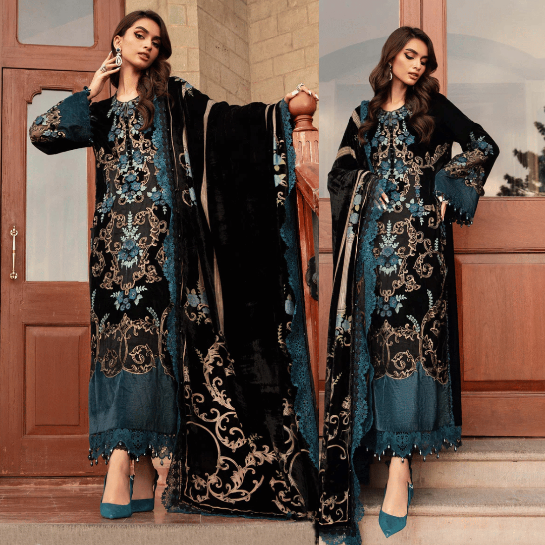 3PC Embroidered Velvet Dress with Plachi Velvet Shawl - VL995