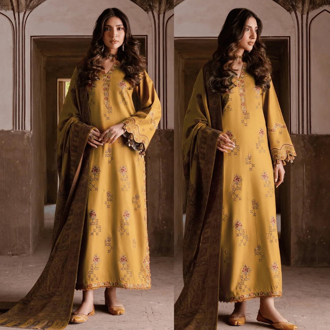 IZEL-3PC DHANAK EMBROIDERED SHIRT WITH COURTRAI WOOL PRINT SHAWL - VL1272