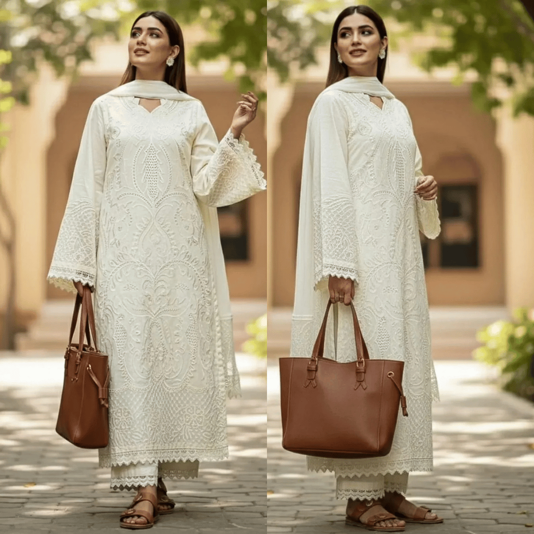 Veezal - 3PC Lawn Chiken Kari Embroidered Shirt with organza Embroidered Dupatta VL1286