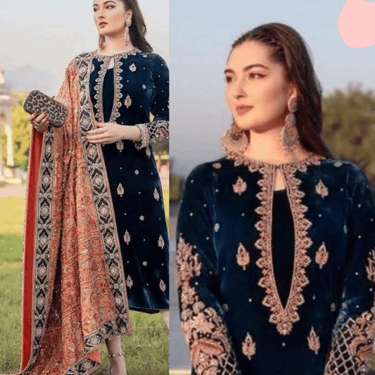 Unstitched Velvet 3PCs Embroidered Dress With Dhanak Shawl - VL965