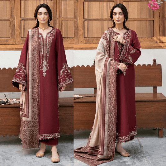 IZEL-3PC DHANAK EMBROIDERED SHIRT WITH COURTRAI PRINT SHAWL - VL1273