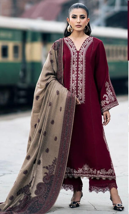 Embroidered 3pc Dhanak dress with Print shawl - VL1142