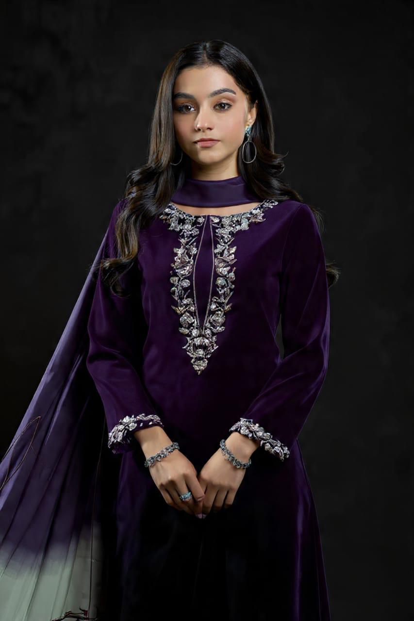 Veezal Embroidered Velvet Dress with Embroidered Karandi Shawl - VL994