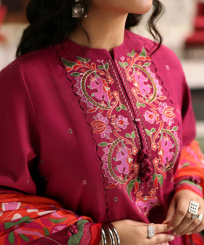 Sapphire - -3PC DHANAK EMBROIDERED SHIRT WITH COURTRAI WOOL PRINT SHAWL - VL1265