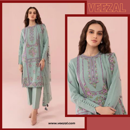 VL630 Sapphire, unstitched 3 piece embroidered linen suit.