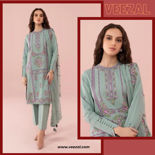 VL630 Sapphire, unstitched 3 piece embroidered linen suit.