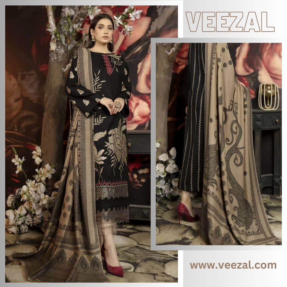 VL642 3 Piece Unstitched Heavy Embroidered Dhanak Suit (Print Woolen Dupatta)