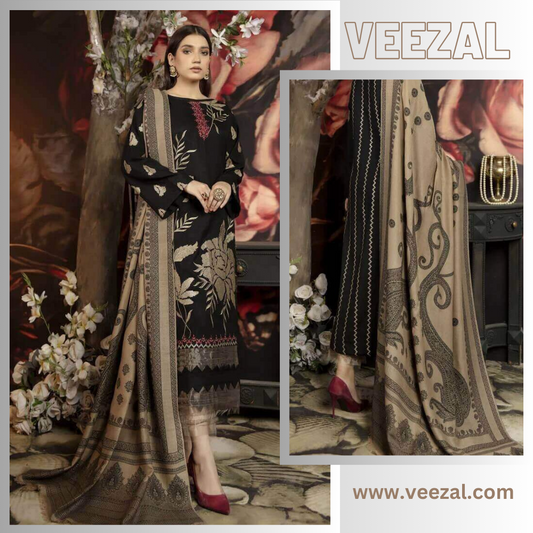 VL642 3 Piece Unstitched Heavy Embroidered Dhanak Suit (Print Woolen Dupatta)