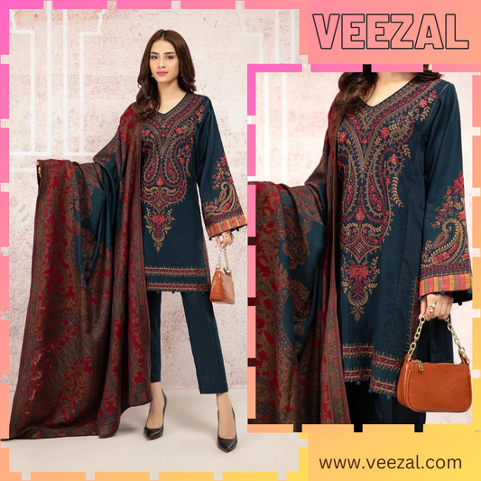 VL658 3PC Khaddar Embroidered Suit with Print Wool Shawl