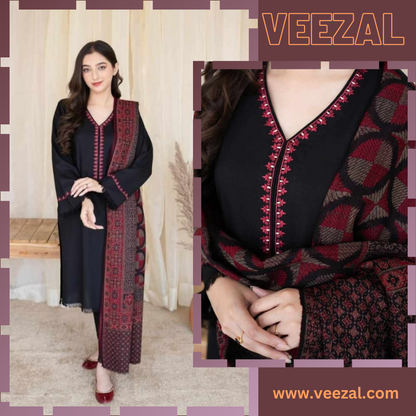 VL685 3PC Dhanak Embroidered Suit With Digital Print Shawl