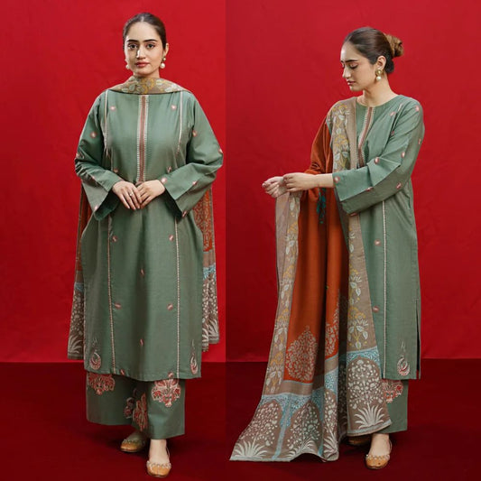 VL870 - 3PC DHANAK EMBROIDERED SHIRT WITH PASHMINA PRINT SHAWL
