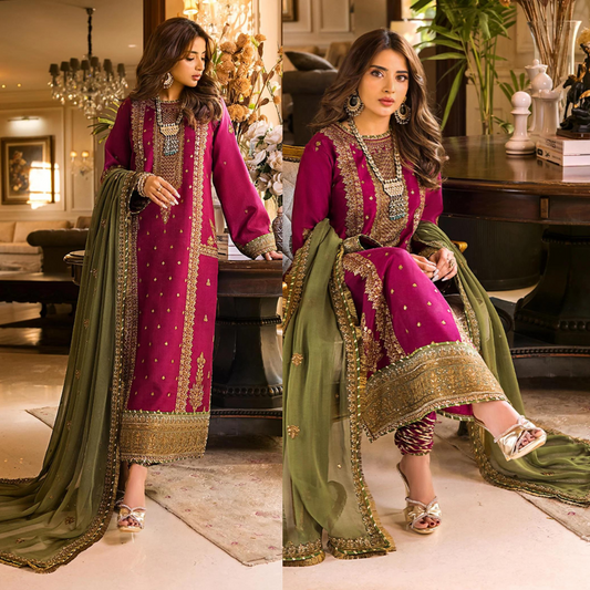 VL536 Asim Jofa, unstitched 3 piece embroidered Dhanak suit